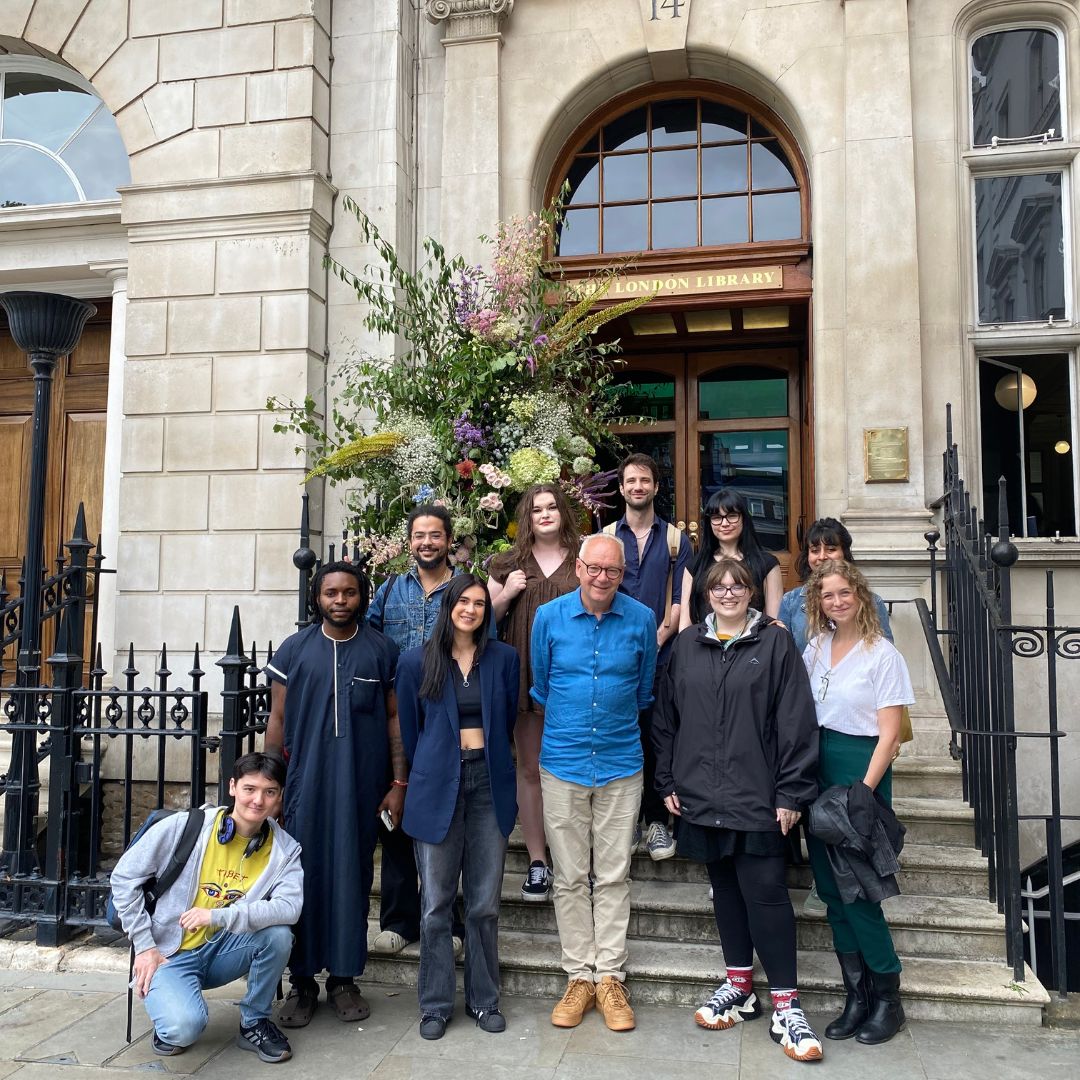 MA Screenwriters stood on the steps of the London Library 